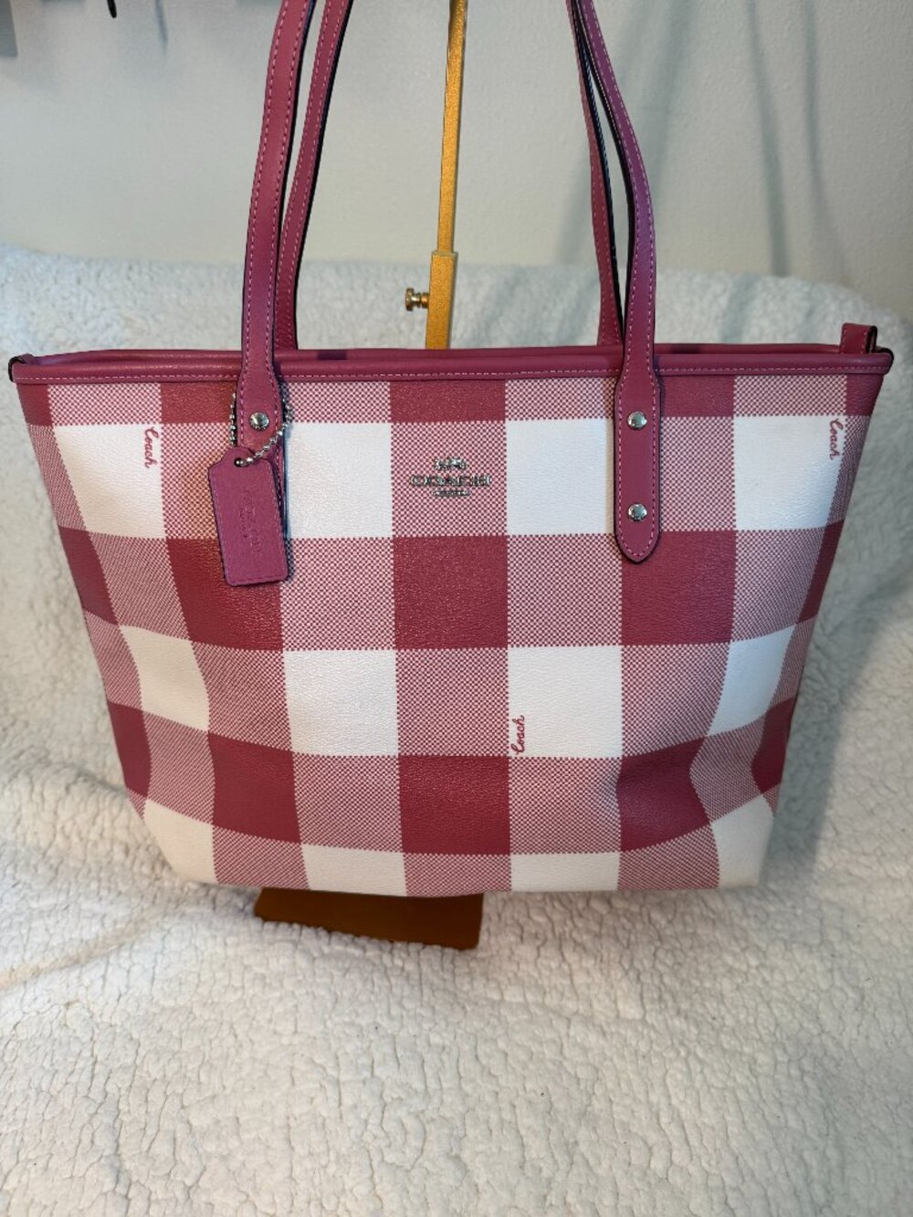Coach F66929 Pink Plaid City Zip Tote Shoulder Bag